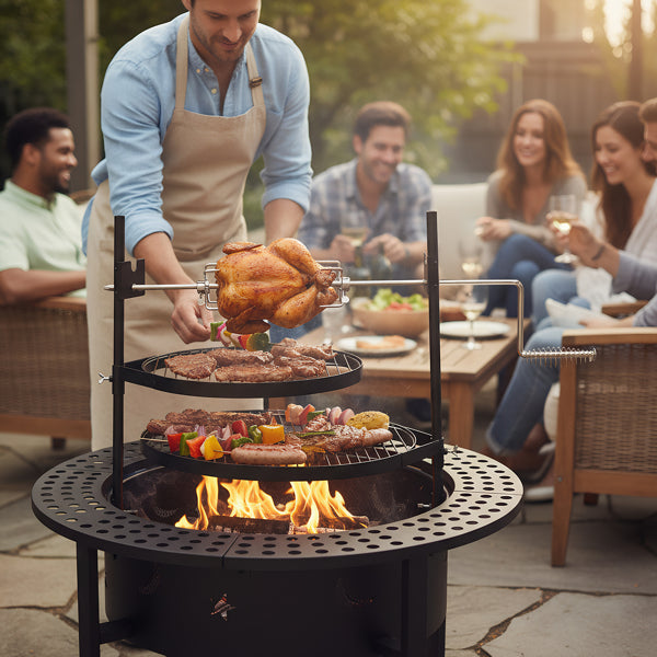 33-Inch Fire Pit & BBQ Grill with Rotisserie, 2 Grates