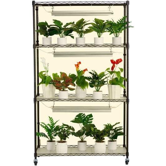 Black metal shelving unit with plants on a white background