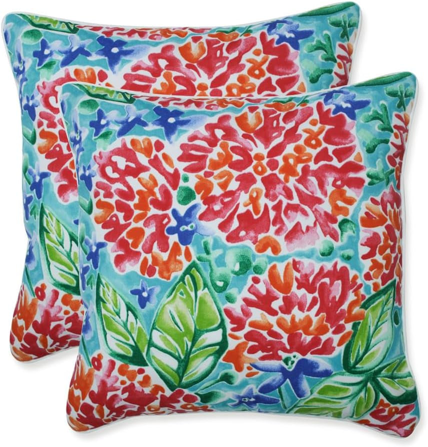 Floral Indoor/Outdoor Accent Throw Pillow Plush Fill, Weather, and Fade Resistant, Lumbar - 11.5" X 18.5", Blue/Brown Pom Pom Play 2 Count