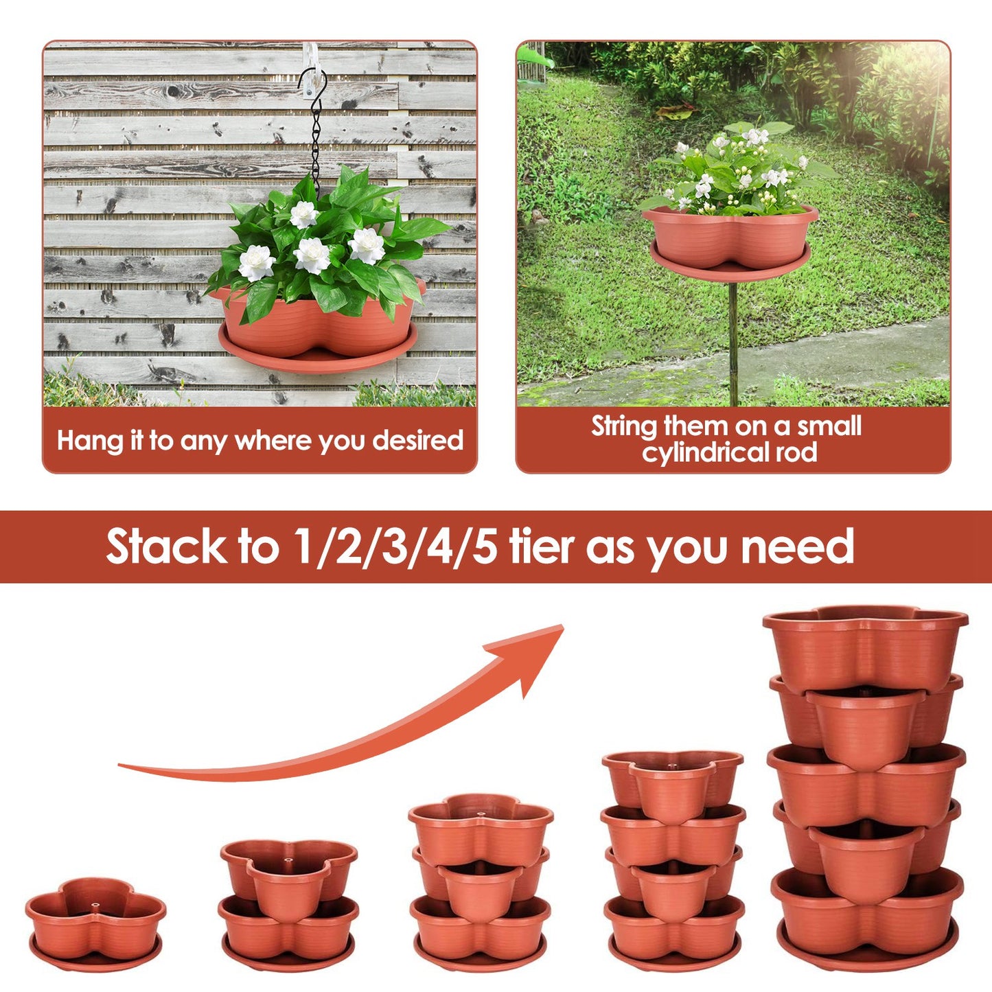 5-Tier Stackable Vertical Planter with Drainage & Hanging Chain — 13.4"