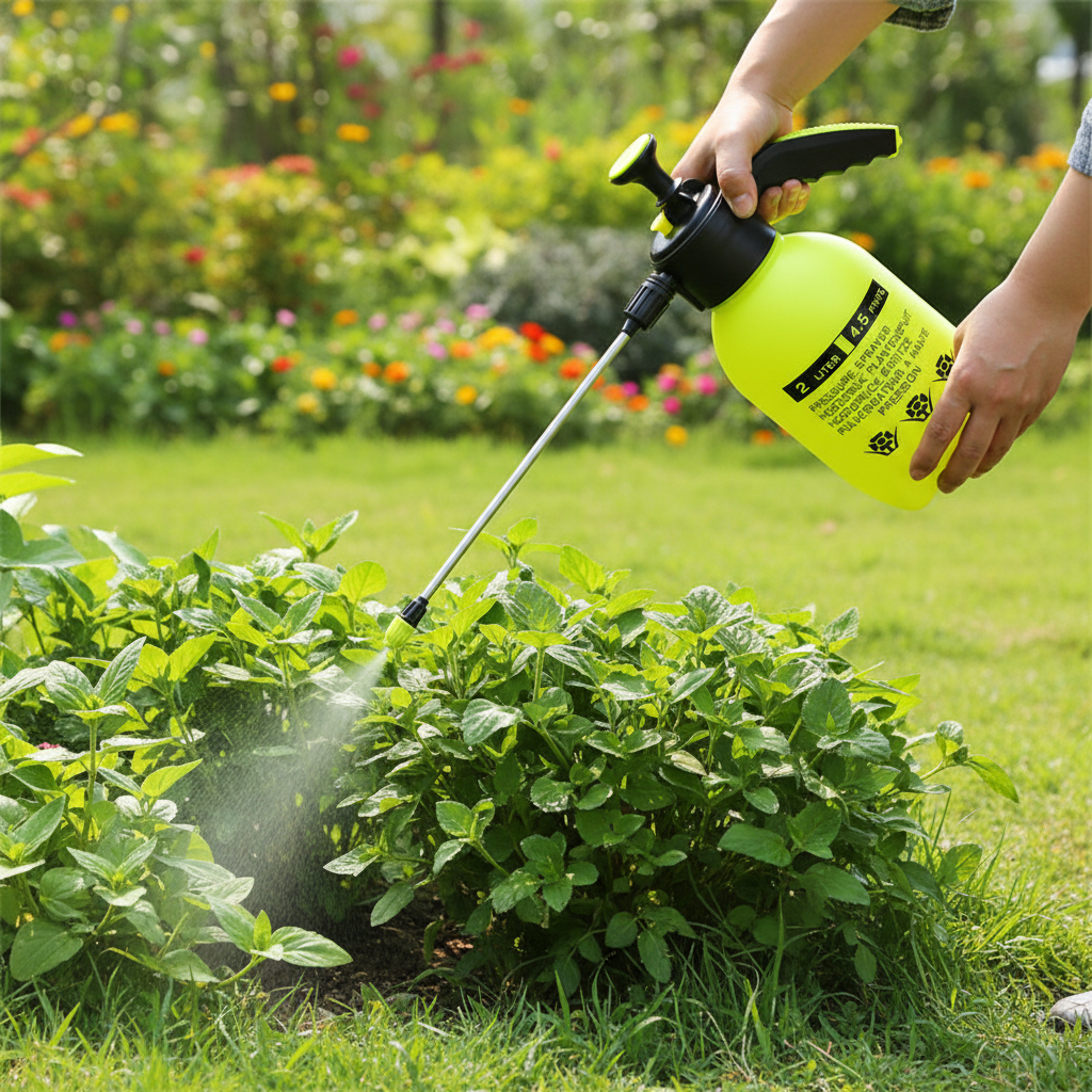 Person using a yellow spray bottle to water plants in a garden
