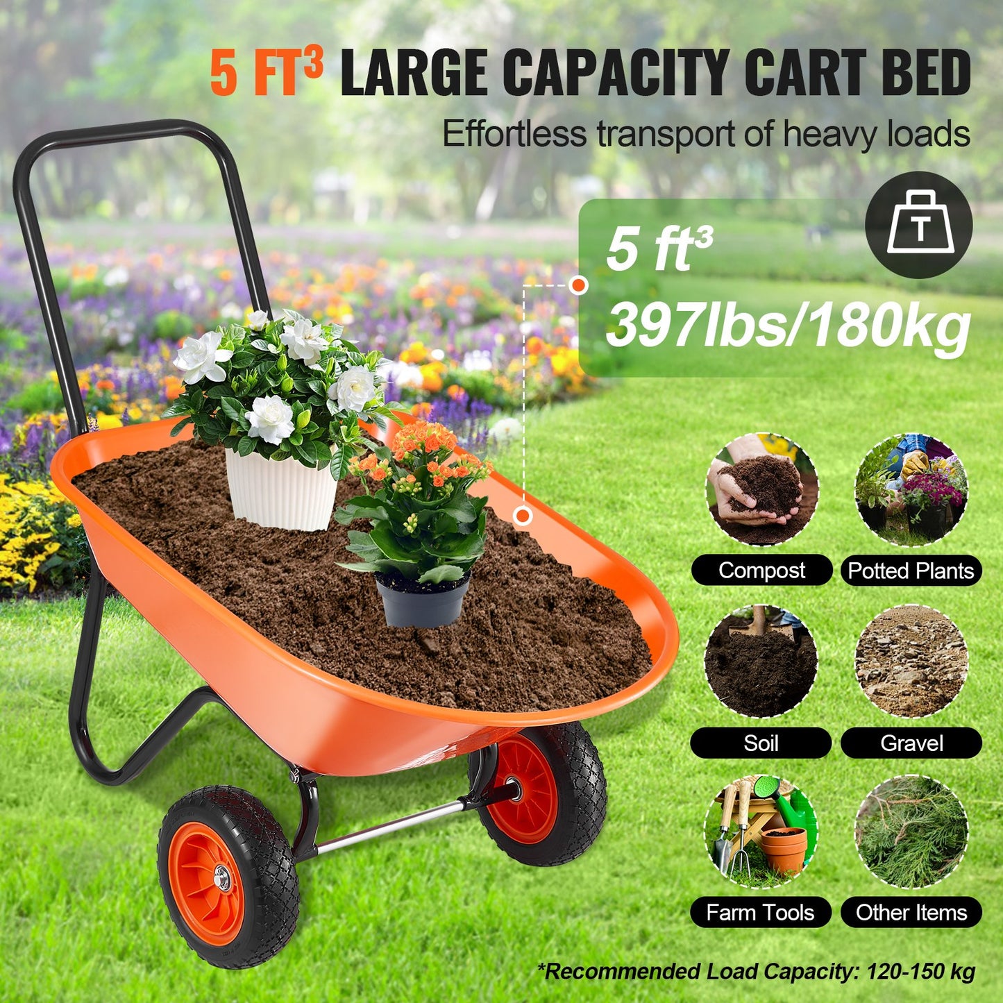 5 Cu. Ft. 2-Wheel Garden Dump Cart with 397 Lb Capacity & Foam Tires
