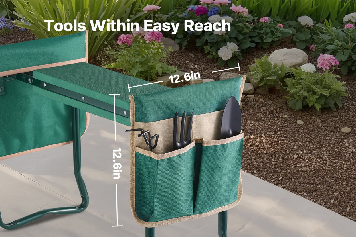 Green gardening tool holder with measurements and VEVOR branding, set against a garden background.