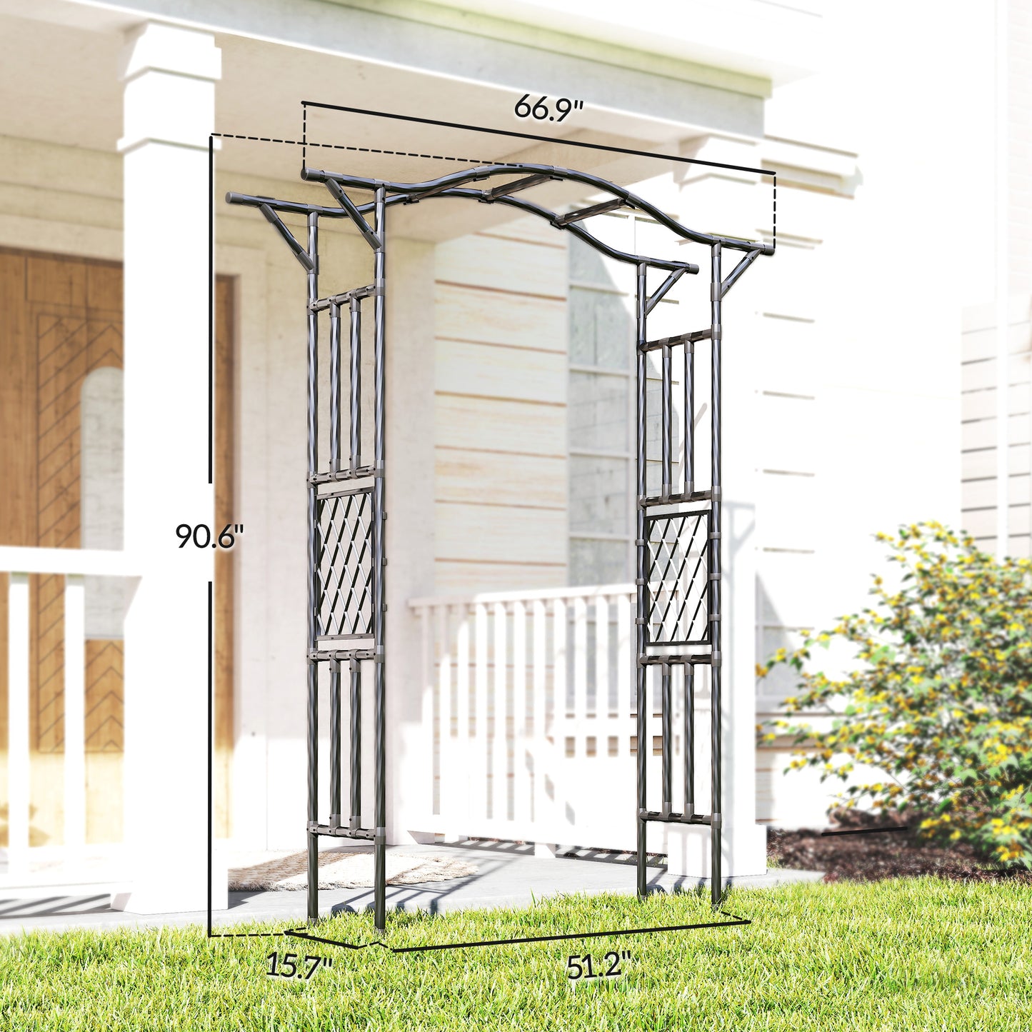 Steel Garden Arch Trellis with Extended Top and Snap-On Assembly, Black