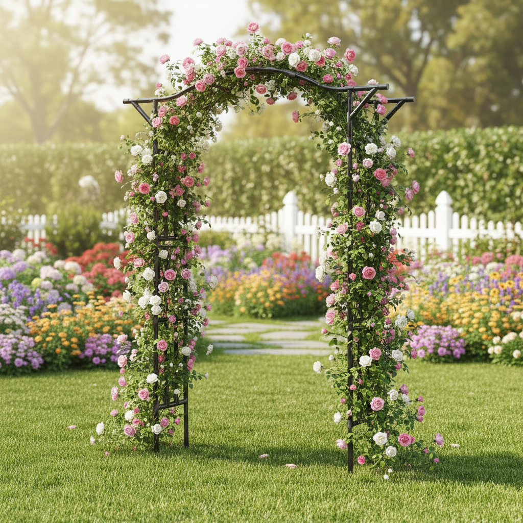 Metal garden arch with dimensions displayed outdoors.