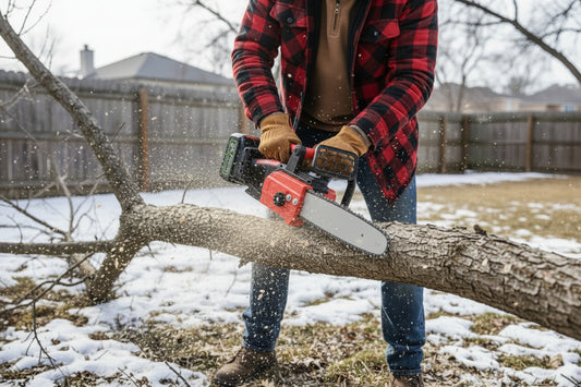 Red and black chainsaw with measurements on a white background