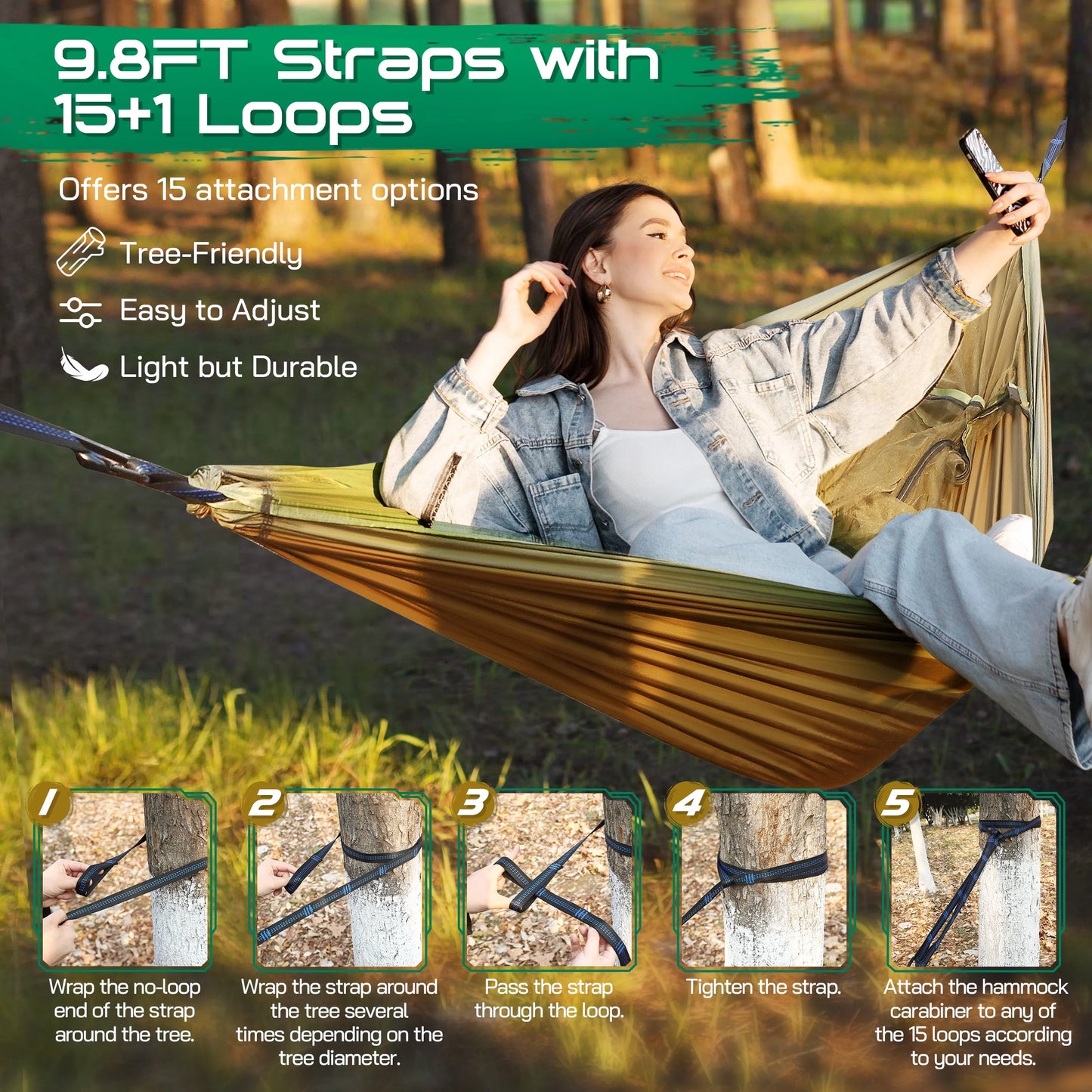 Camping Hammock, 4 in 1 Portable Hammock Tent, 2 Person Pop-Up Hammock with Mosquito Net & Sunshade Cloth & Tree Straps, 550Lbs Max Load Heavy Duty Tree Hammock for Outdoor Camping