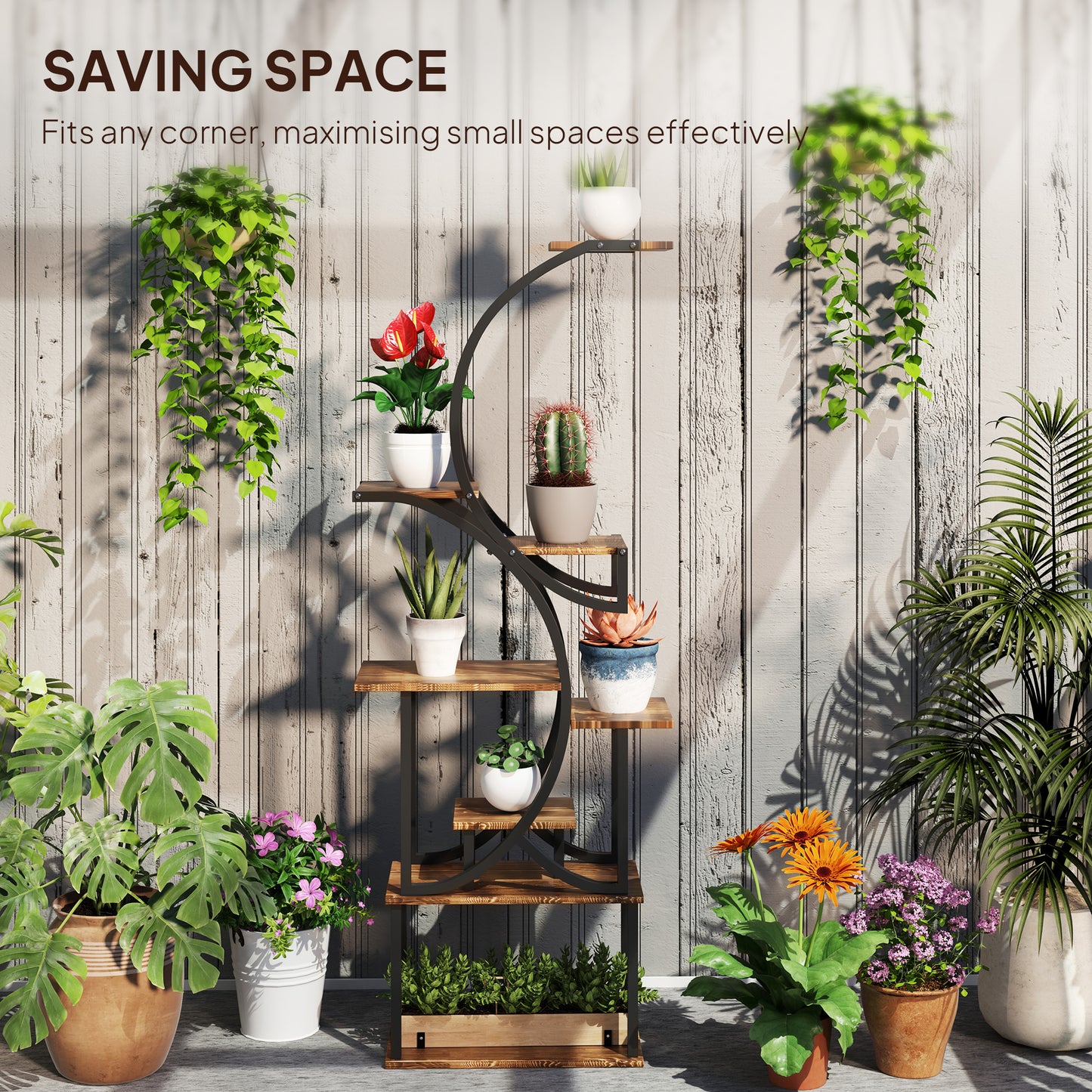 8-Tier Corner Plant Stand, 62" S-Shaped Shelf, Carbonized Steel