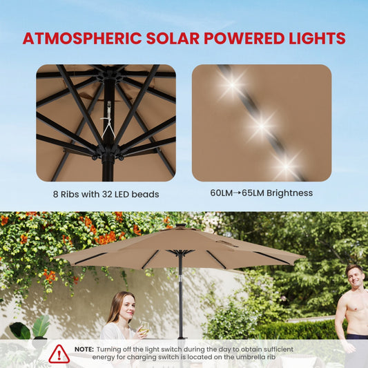10 ft Solar LED Patio Umbrella – 32 Lights, UV Protection & Tilt
