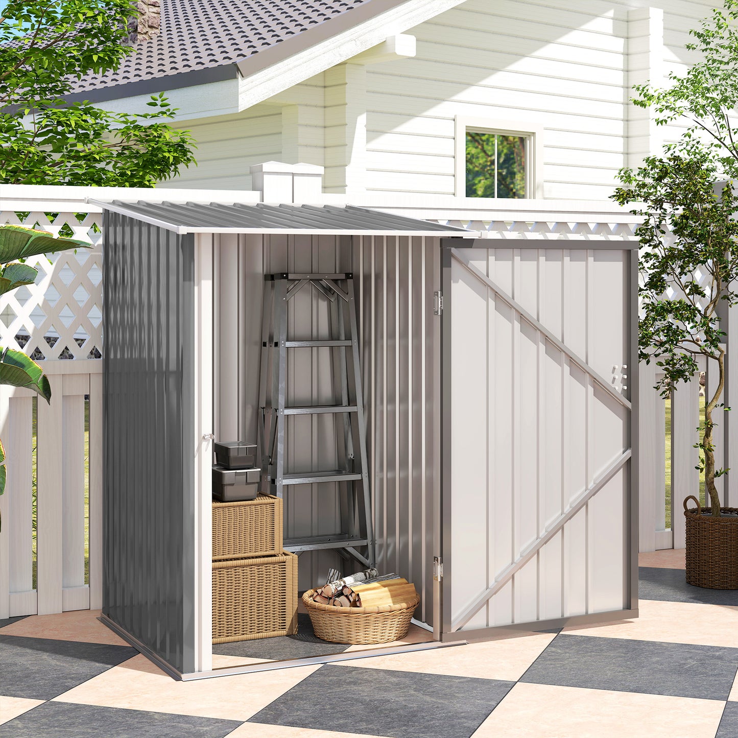 Lean-To Outdoor Storage Shed – Galvanized Steel, Lockable, 10 sq ft, Gray