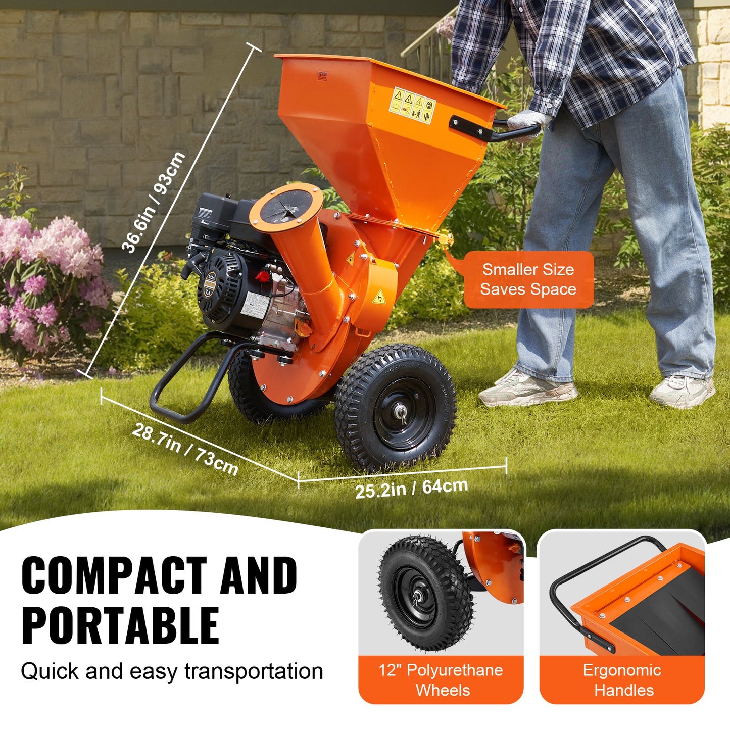 3-in-1 Gas Wood Chipper Shredder Mulcher for 3 Inch Branches with 7HP Engine