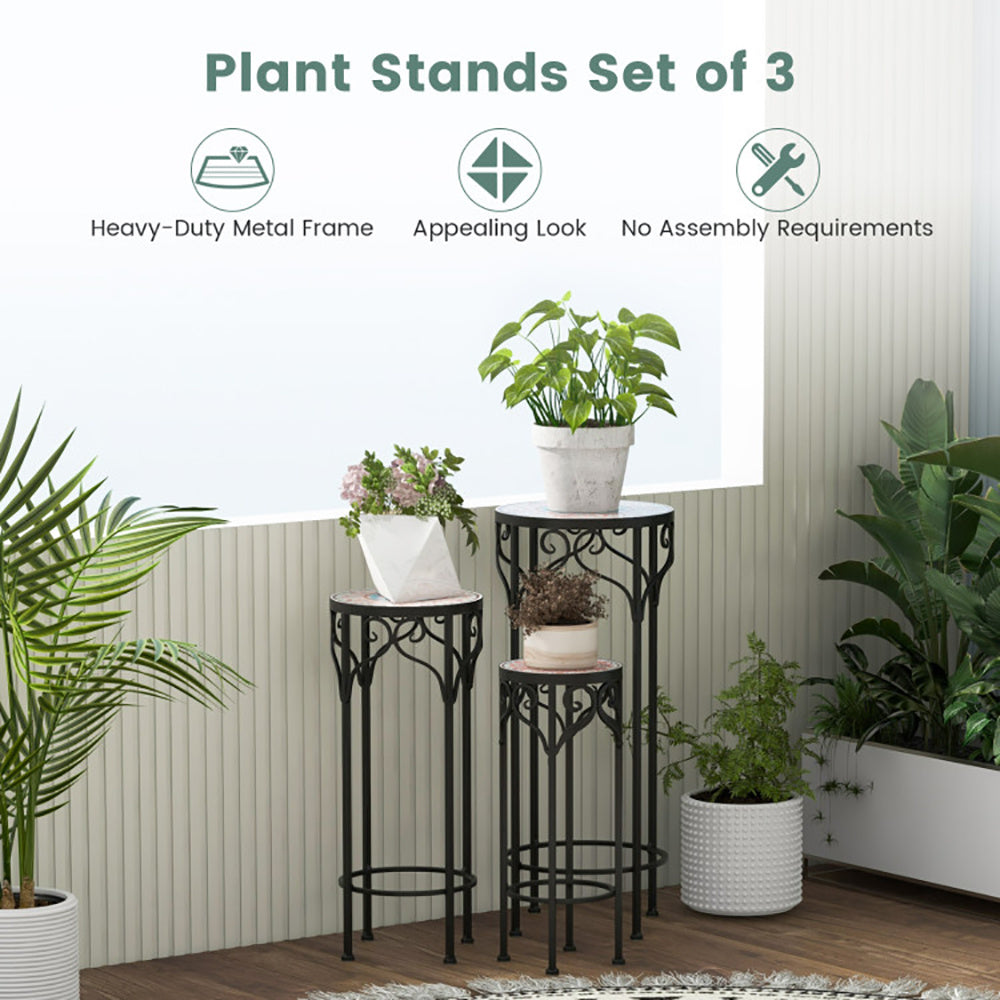 3-Piece Mosaic Plant Stand Set – Stackable Metal Outdoor Plant Holders