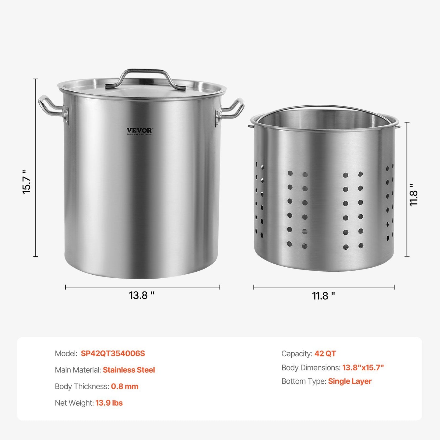 VEVOR 42Qt Stainless Steel Stockpot - Commercial Grade with Strainer & Lid