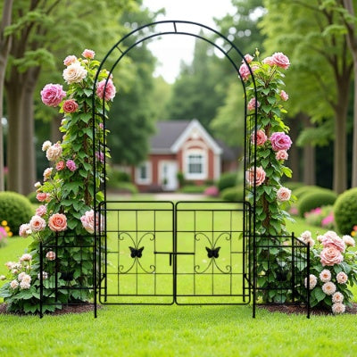 Iron Garden Arch Arbor with Gate & Lattice Panels – Easy Assembly, Climbing Plants