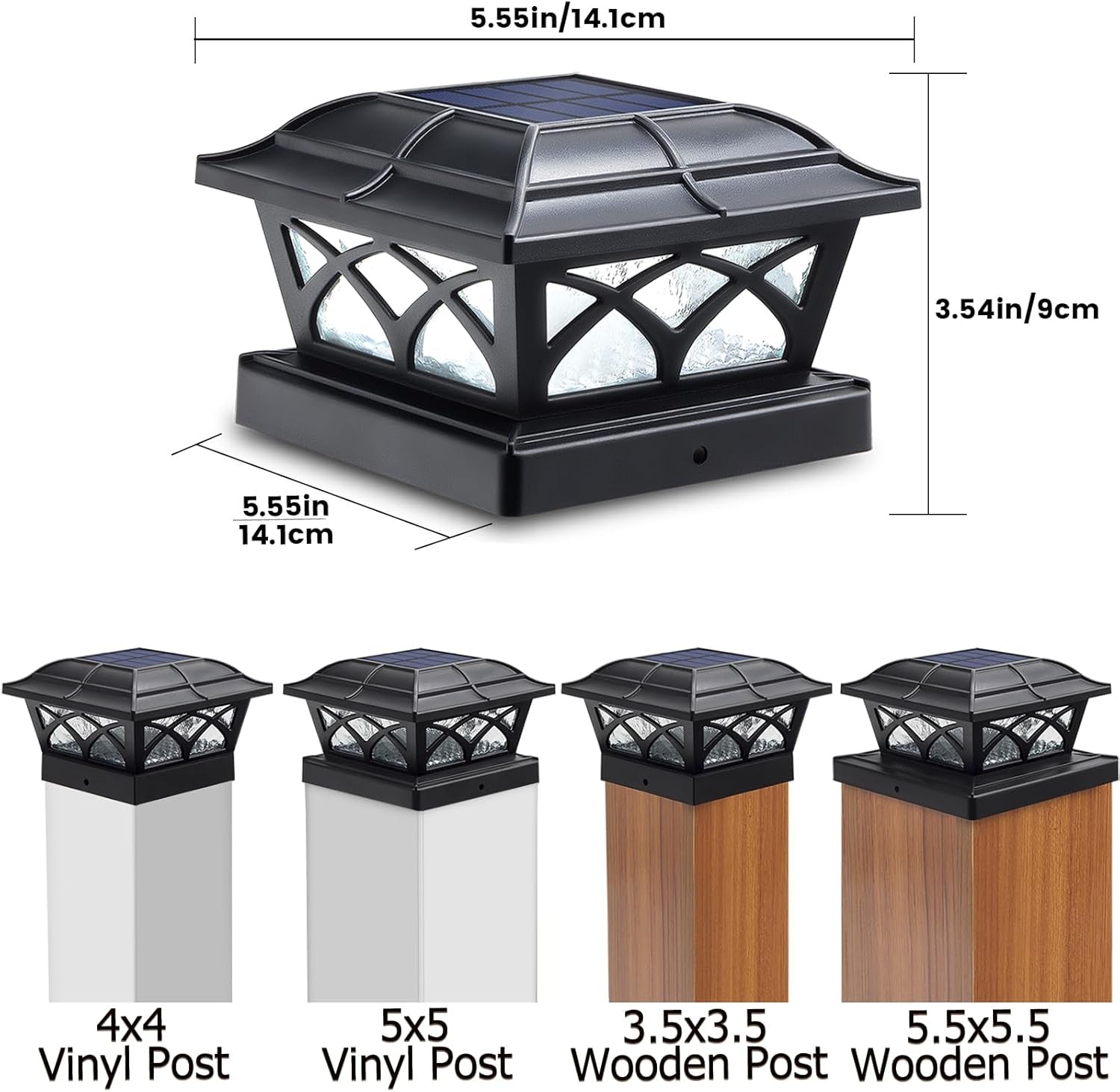 Solar Post Cap Lights Outdoor Glass 2 Modes 8 Leds for 4X4 5X5 6X6 Posts Deck Fence Patio Decoration Warm White/Cool White Lighting Black (2 Pack)
