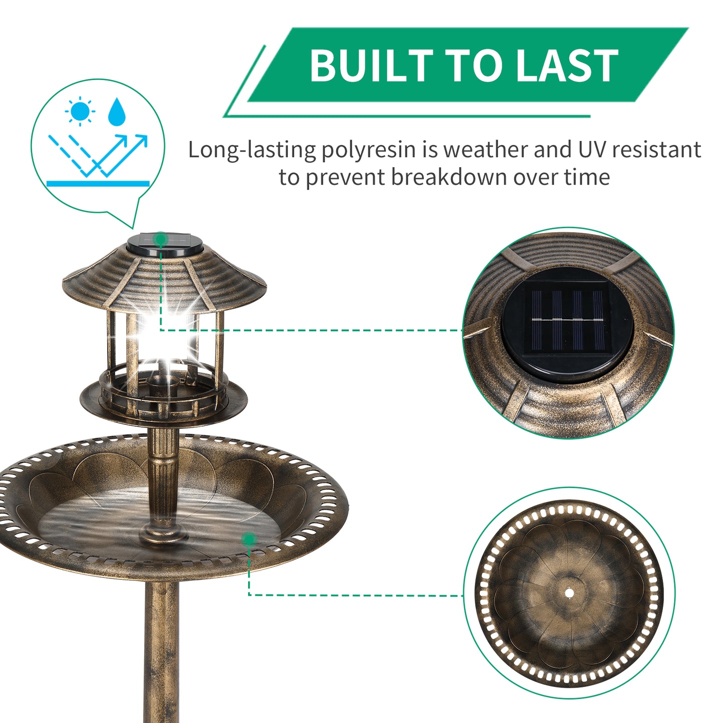 Solar Lighted Bird Bath with Antique Bronze Finish | Weather-Resistant, 42" Tall