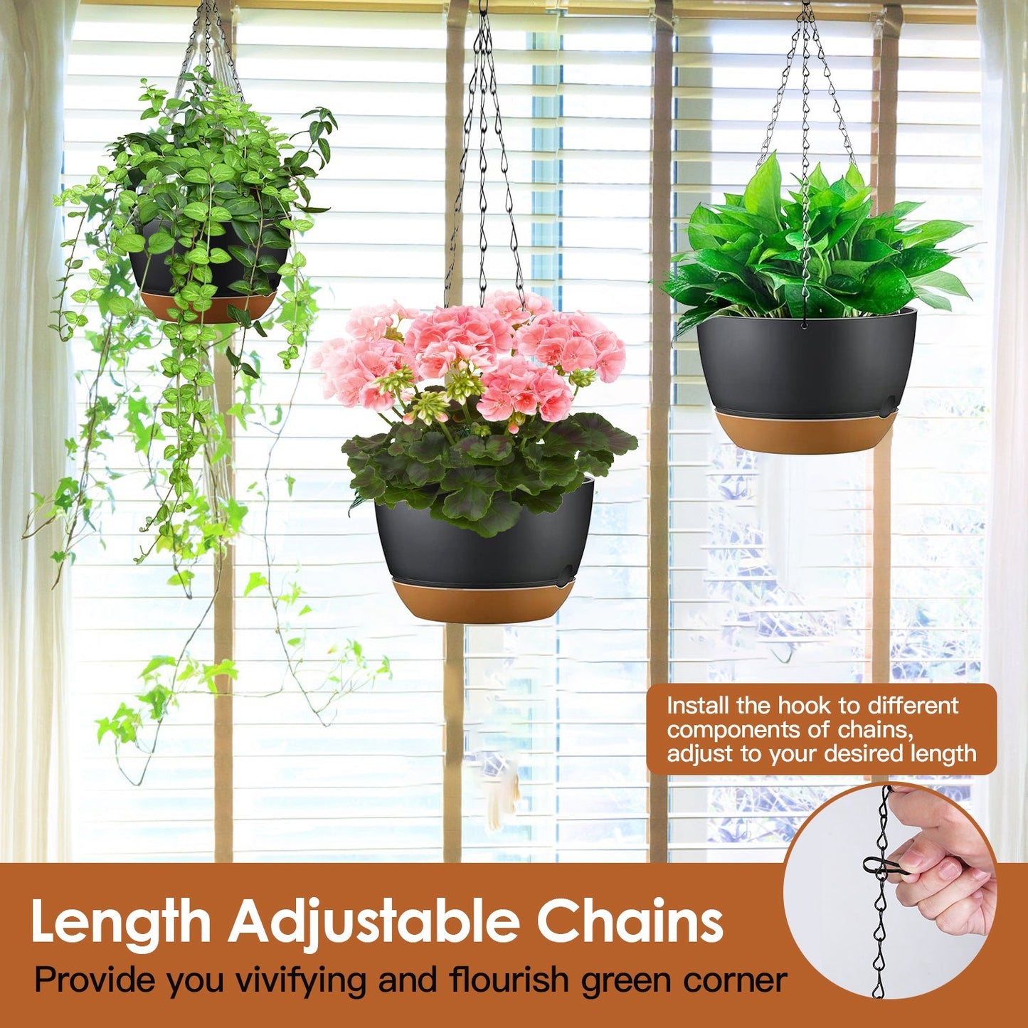 4-Pack 9.6" Hanging Planters with Self-Watering Trays - Grey Indoor Outdoor