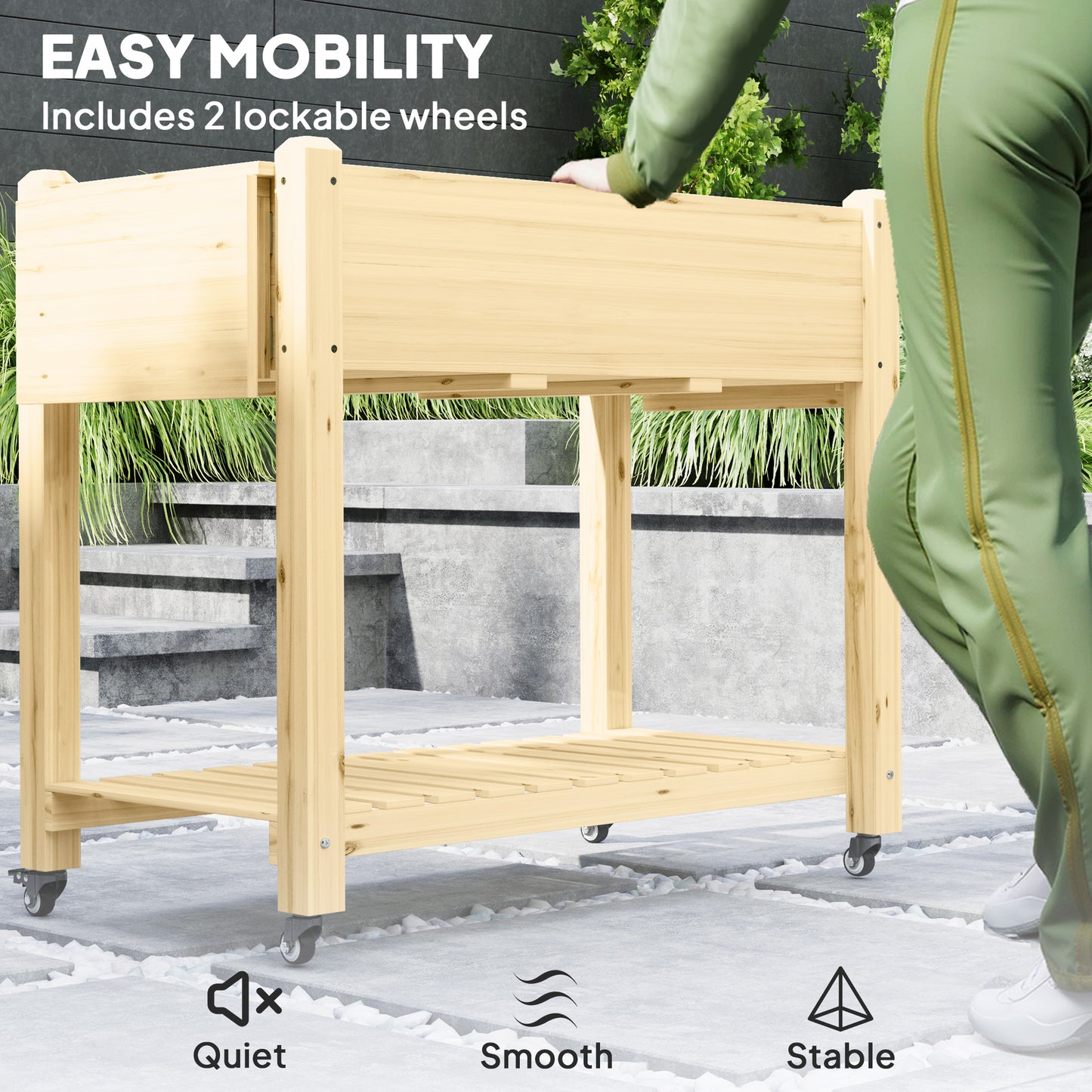 Elevated Raised Garden Bed with Wheels, Side Tables & Storage - Natural Wood