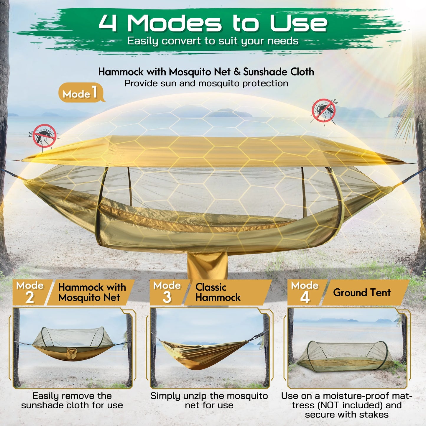 Camping Hammock, 4 in 1 Portable Hammock Tent, 2 Person Pop-Up Hammock with Mosquito Net & Sunshade Cloth & Tree Straps, 550Lbs Max Load Heavy Duty Tree Hammock for Outdoor Camping