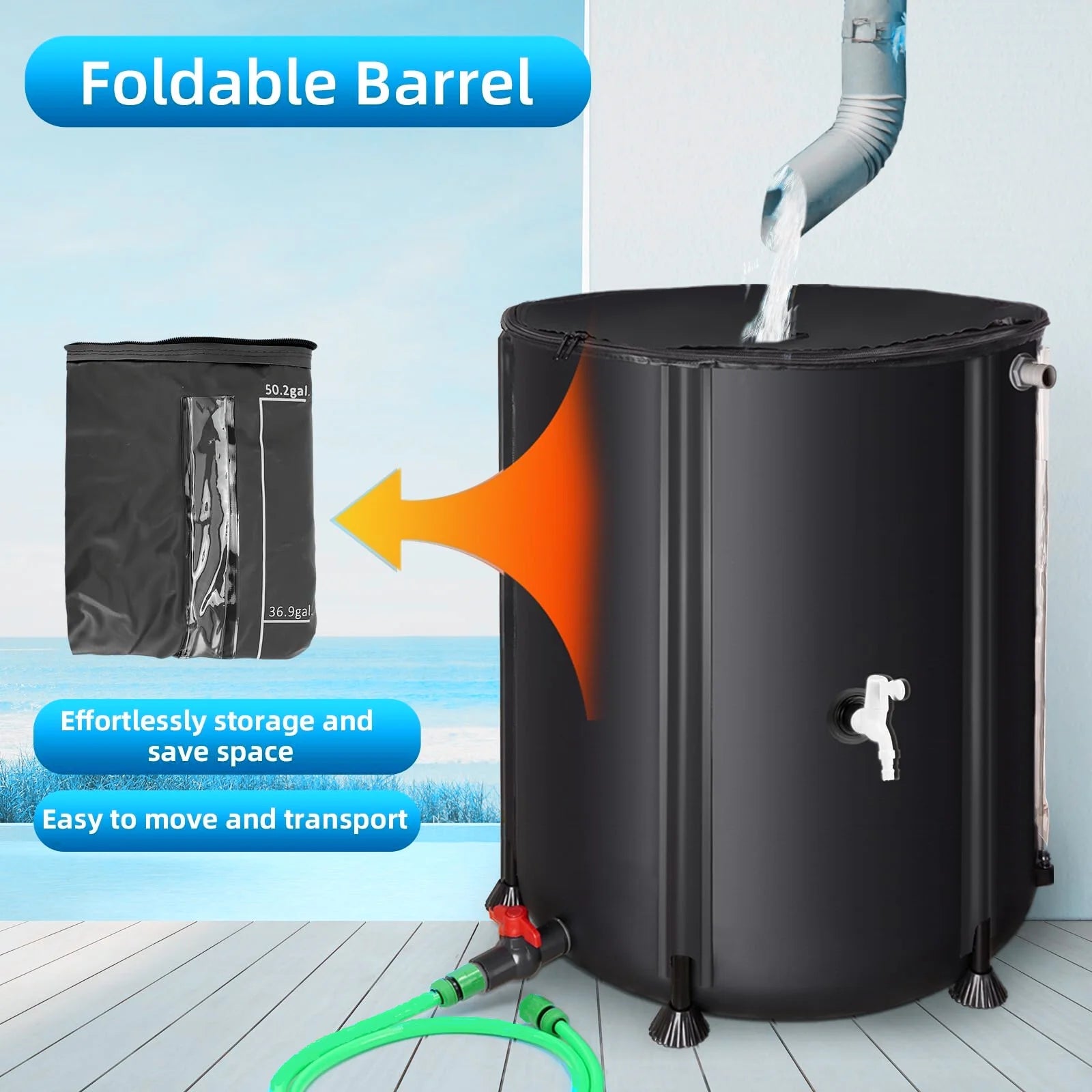 Collapsible Rain Barrel 53 Gallon Rainwater Collection Storage Tank with Garden Hose, Black