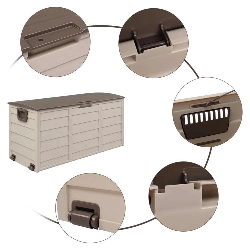 75 Gallon Plastic Yard Storage Box with 2 Wheels & Lockable Seat, Outdoor Storage Deck Box Chest for Backyard, Porch, Patio, Garden, All-Weather Storage Container for Tools, Toys, Brown