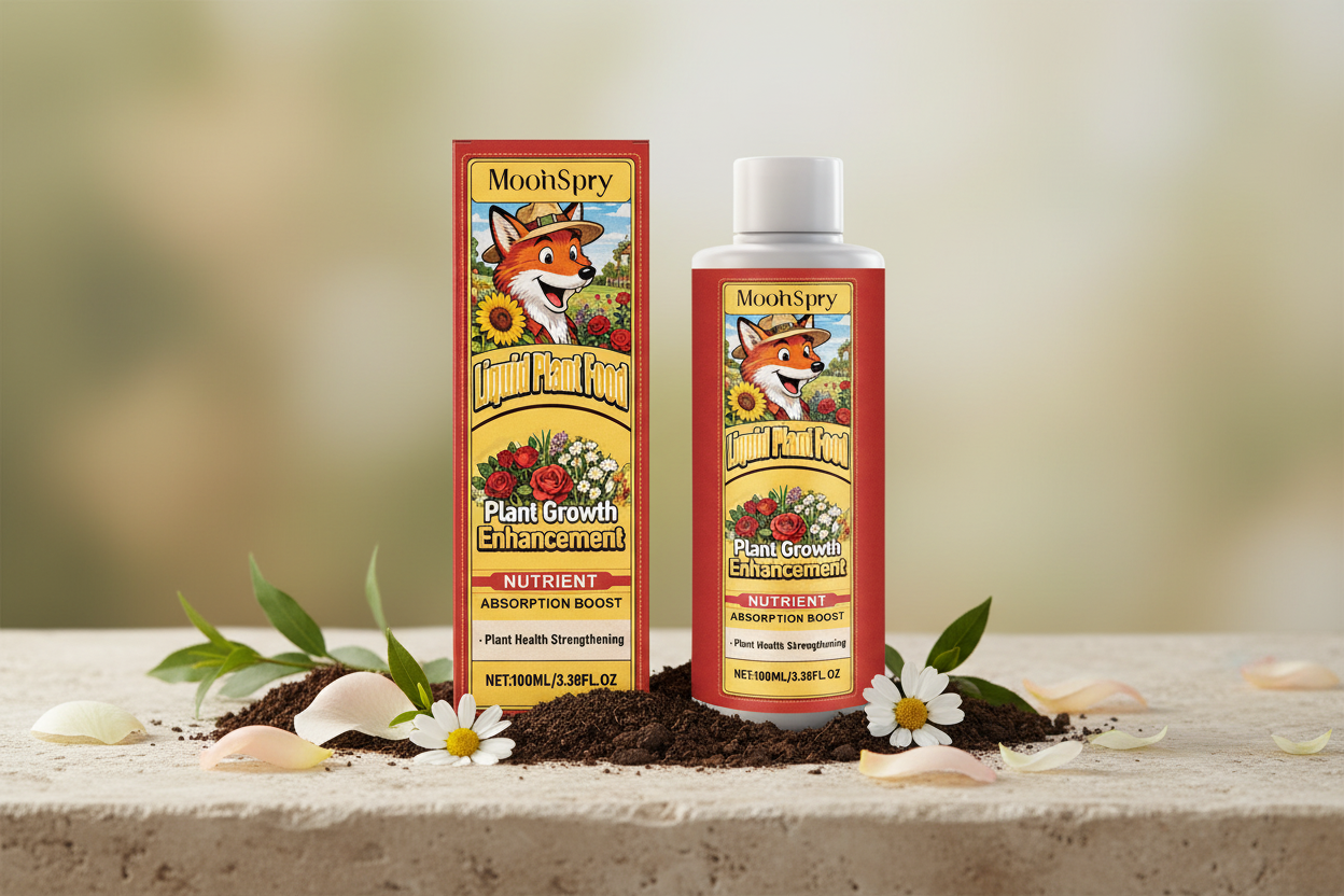 Mothspray plant growth enhancement product on a stone surface with soil and flowers.