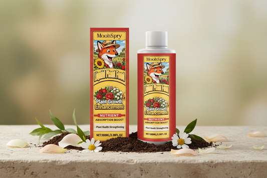 Mothspray plant growth enhancement product on a stone surface with soil and flowers.