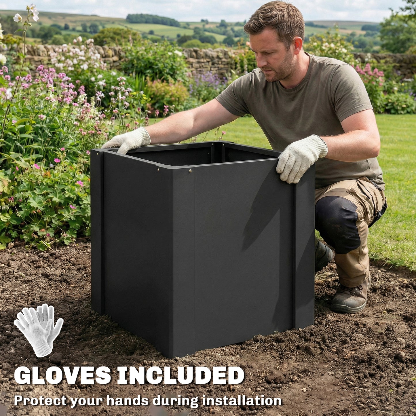 Extra-Deep Galvanized Steel Raised Garden Bed with Gloves, 1.4 x 1.4 x 1.5 ft – Black