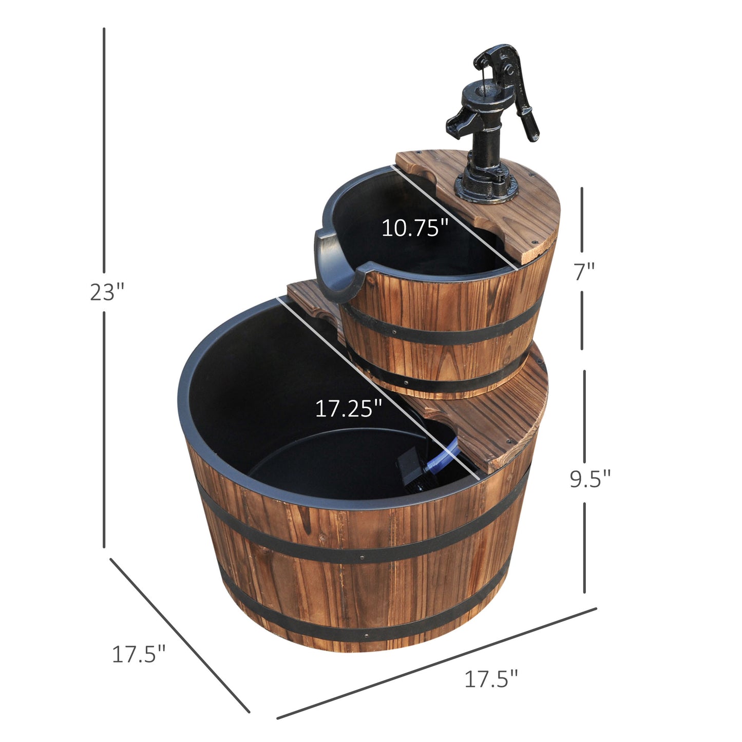 2-Tier Rustic Wood Barrel Outdoor Water Fountain with Pump, 23"