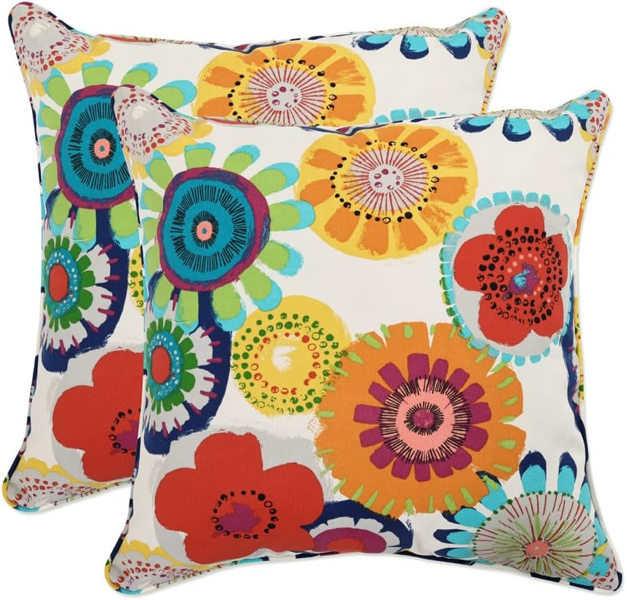 Floral Indoor/Outdoor Accent Throw Pillow Plush Fill, Weather, and Fade Resistant, Lumbar - 11.5" X 18.5", Blue/Brown Pom Pom Play 2 Count