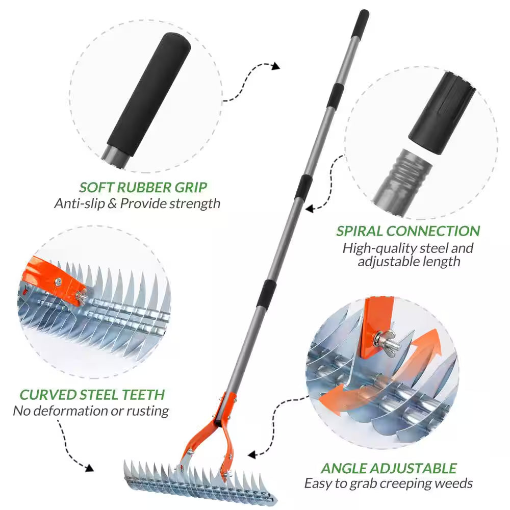 70 In. Adjustable Steel Handle Thatch Rake With19 Tines, Back Saving Lawn Thatching Rake for Garden Yard