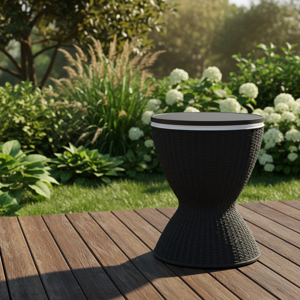 Black woven stool with a gray cushion on a white background
