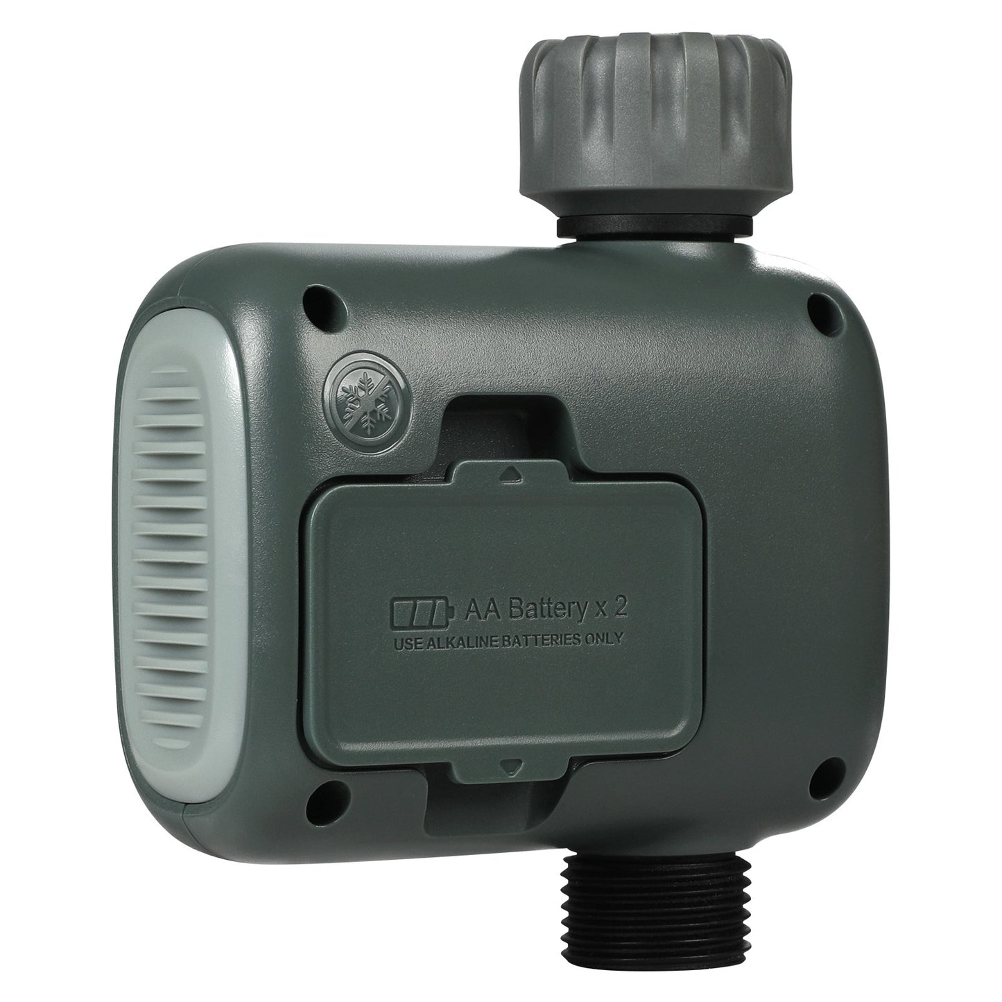 Gray electronic device with battery compartment on a white background