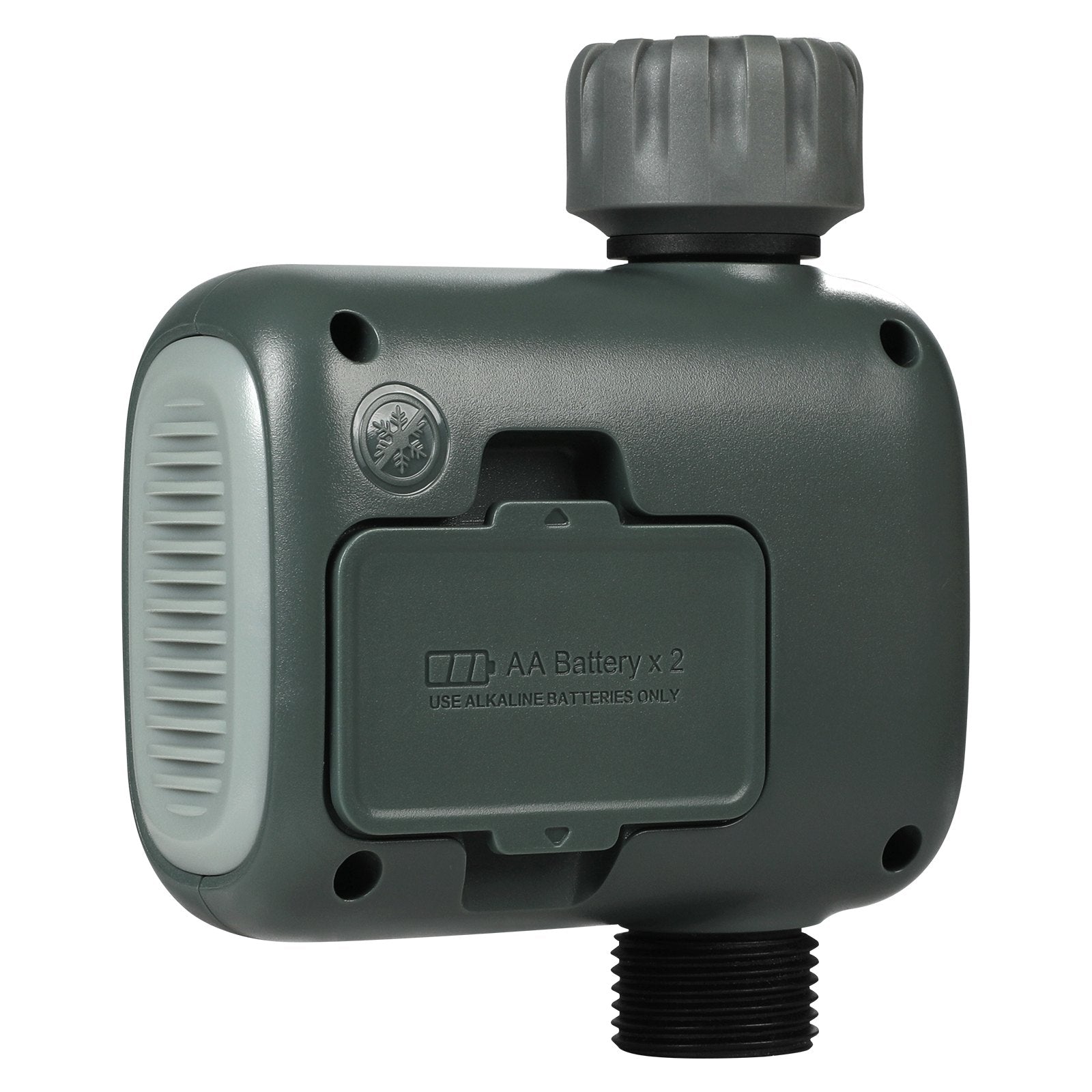 Gray electronic device with battery compartment on a white background