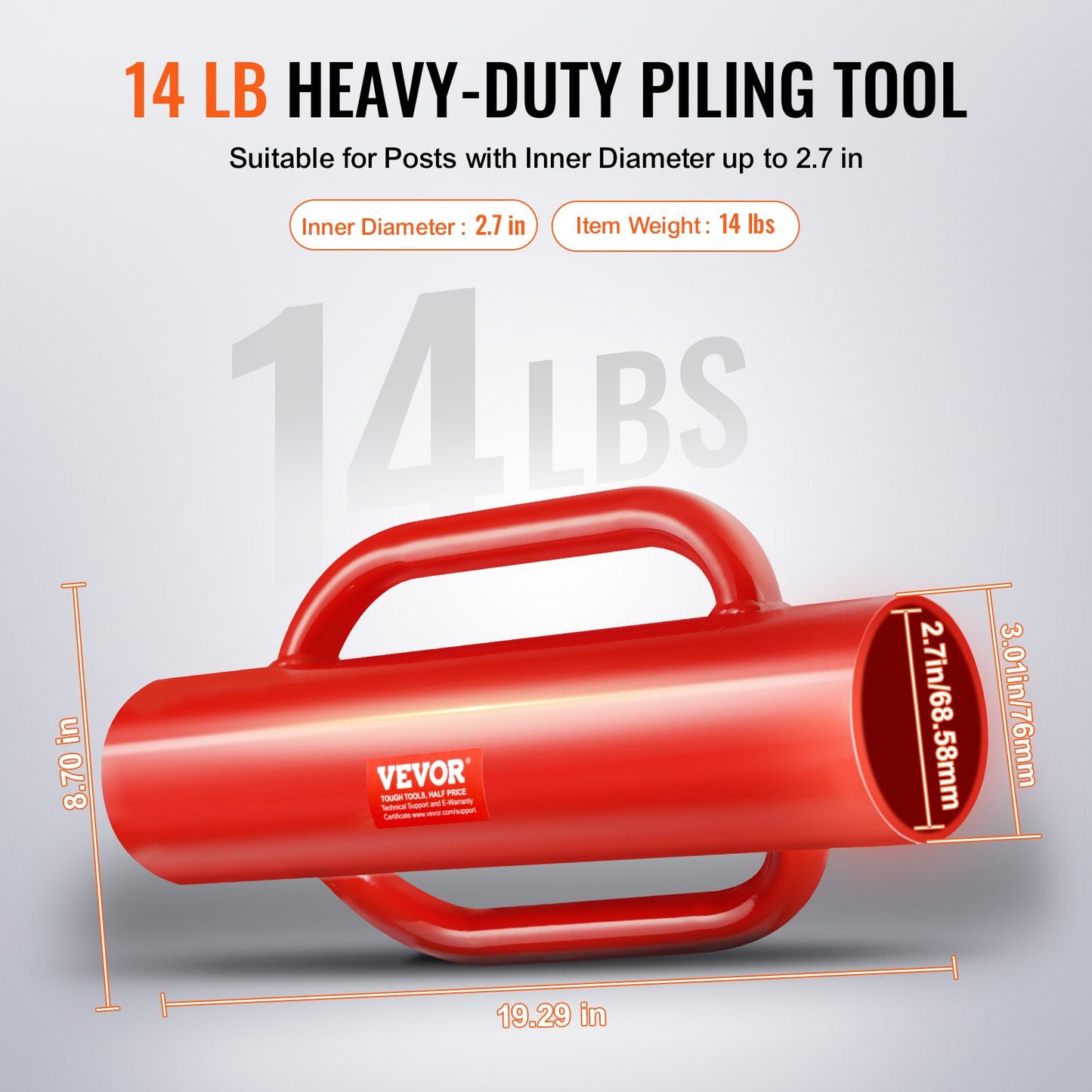14 lb Carbon Steel Fence Post Driver with Handles, 2.7" Inner Diameter