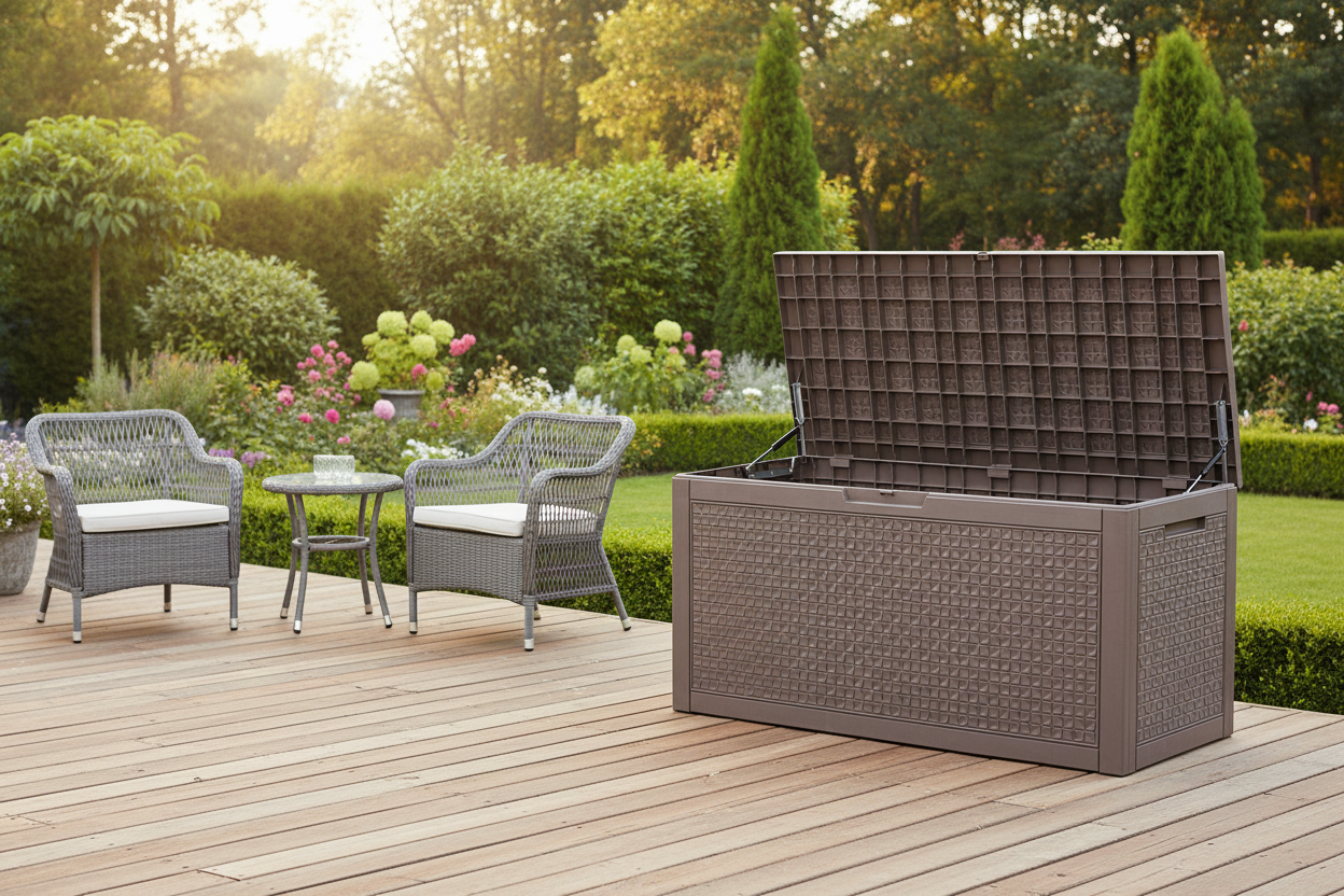 100-Gallon Outdoor Deck Box – Waterproof Resin, 660 lb Bench Capacity, Grey
