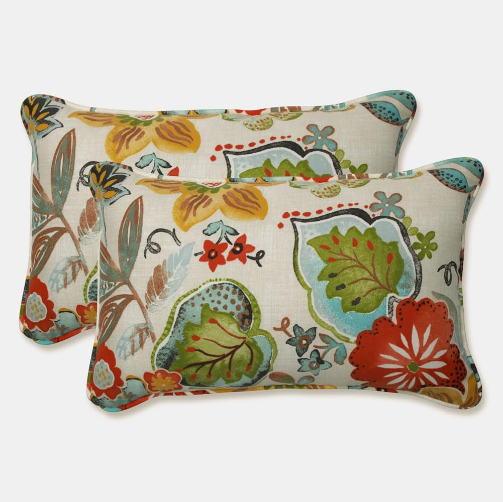 Floral Indoor/Outdoor Accent Throw Pillow Plush Fill, Weather, and Fade Resistant, Lumbar - 11.5" X 18.5", Blue/Brown Pom Pom Play 2 Count