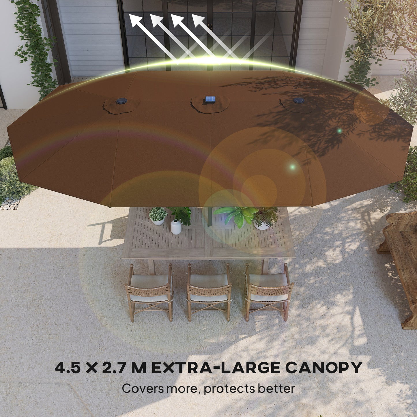 15 Ft Solar LED Patio Umbrella Parasol | Double-Sided, UV Blocking, Crank Lift