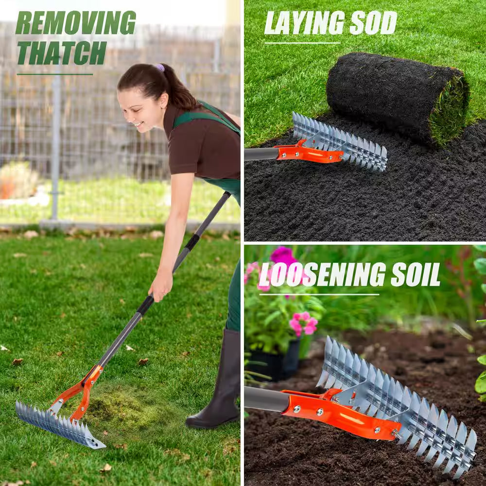 70 In. Adjustable Steel Handle Thatch Rake With19 Tines, Back Saving Lawn Thatching Rake for Garden Yard