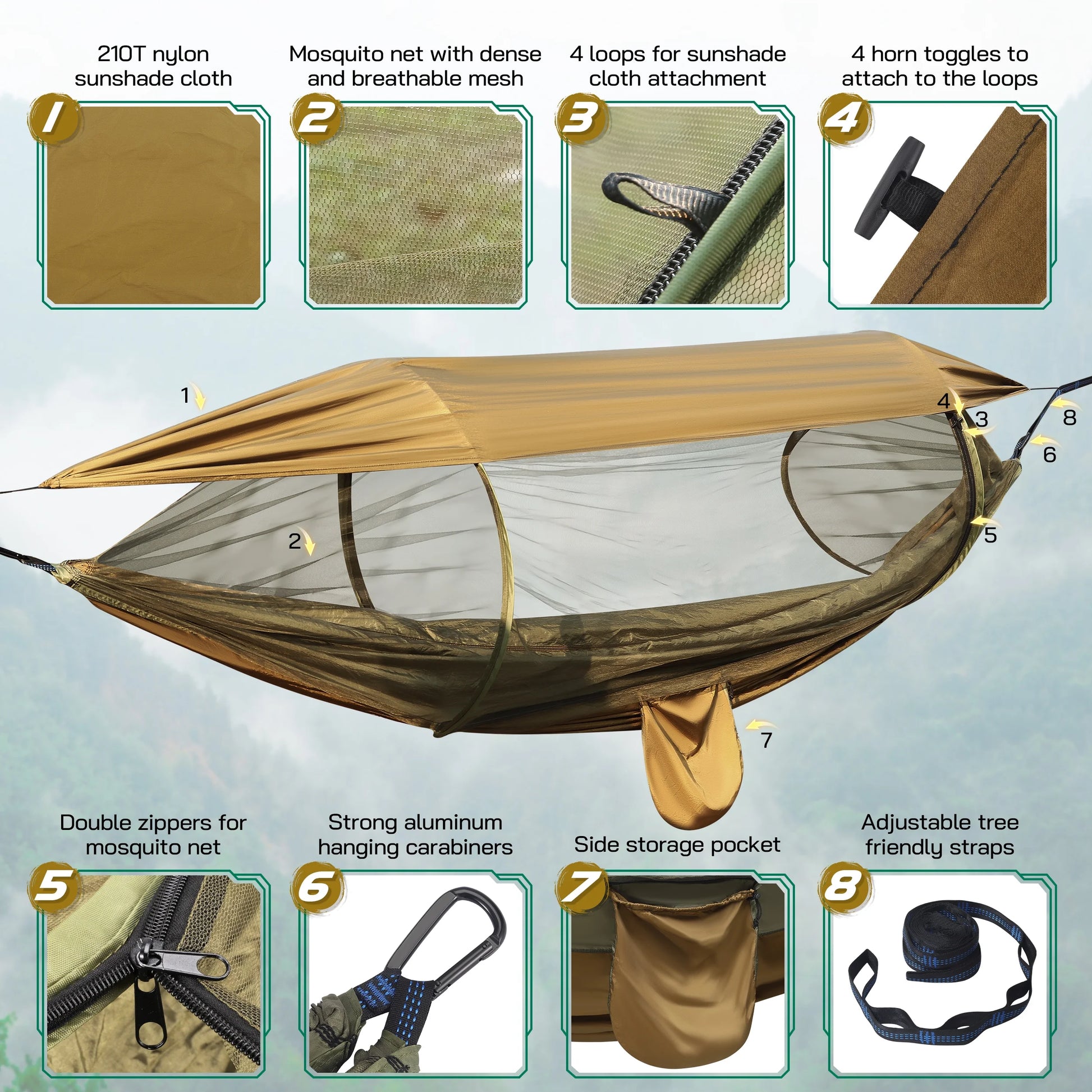 Camping Hammock, 4 in 1 Portable Hammock Tent, 2 Person Pop-Up Hammock with Mosquito Net & Sunshade Cloth & Tree Straps, 550Lbs Max Load Heavy Duty Tree Hammock for Outdoor Camping