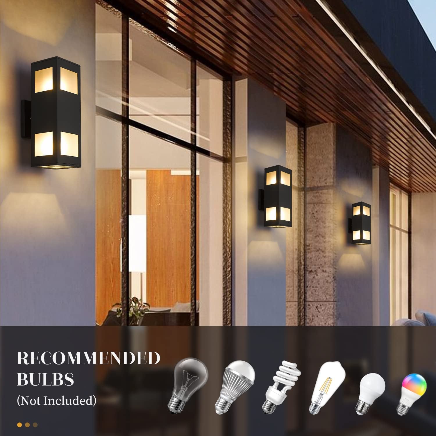 Porch Lights Outdoor Modern - IP64 Waterproof Aluminum and Tempered Glass Cover, 13" Rectangular Up/Down Wall Sconce for Porch, Garage & Patio, Exterior Lighting, Black, 2 Pack