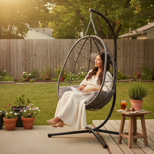 Outdoor Hanging Egg Chair with Stand – PE Wicker & Weather-Resistant Cushion