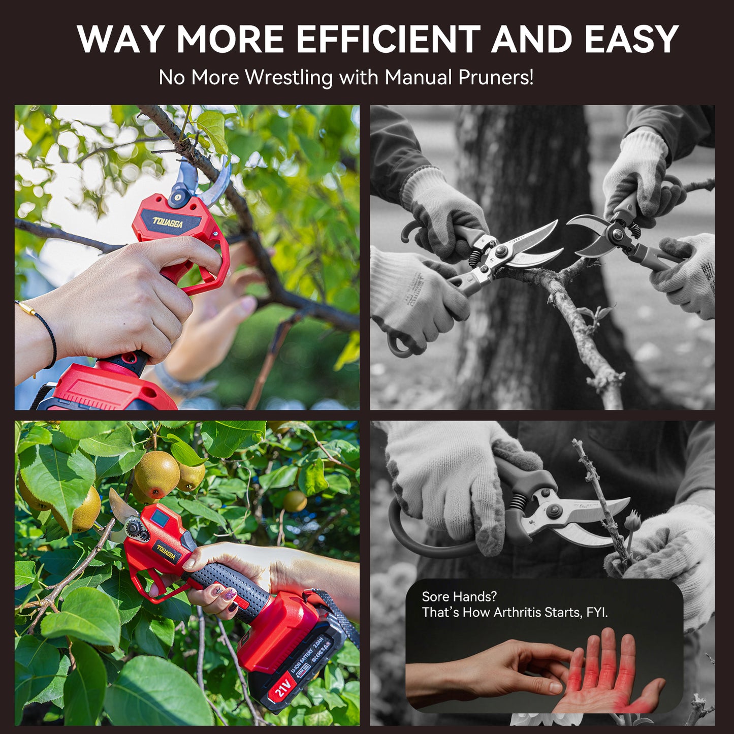 21V Cordless Electric Pruning Shears - 28mm Max Cut with 2 Batteries