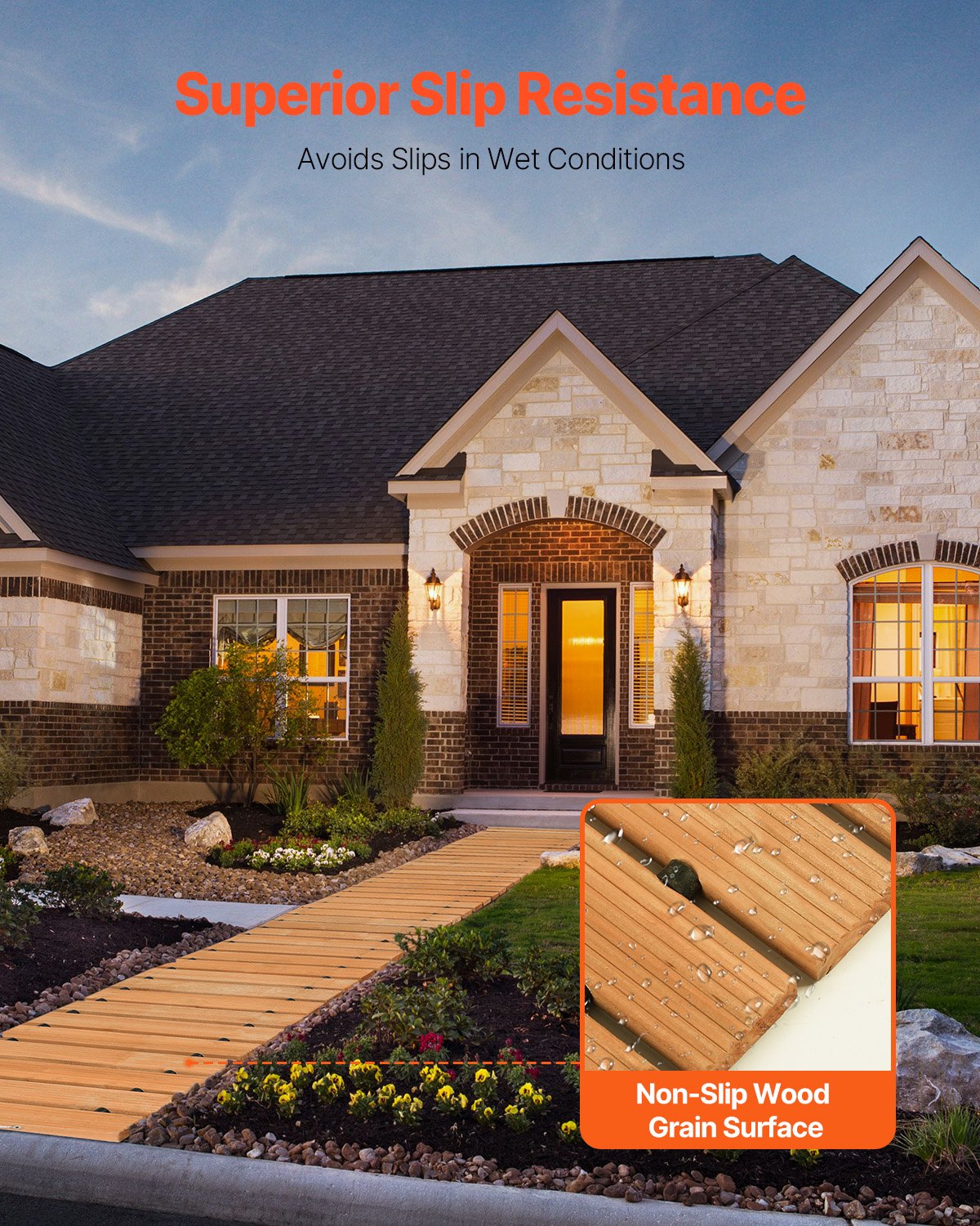 House exterior with a non-slip wood grain surface pathway and text about slip resistance.