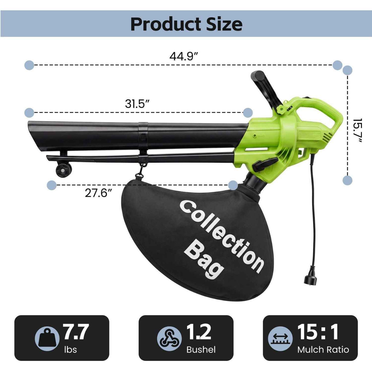 3-in-1 Electric Leaf Blower Vacuum Mulcher with Metal Impeller