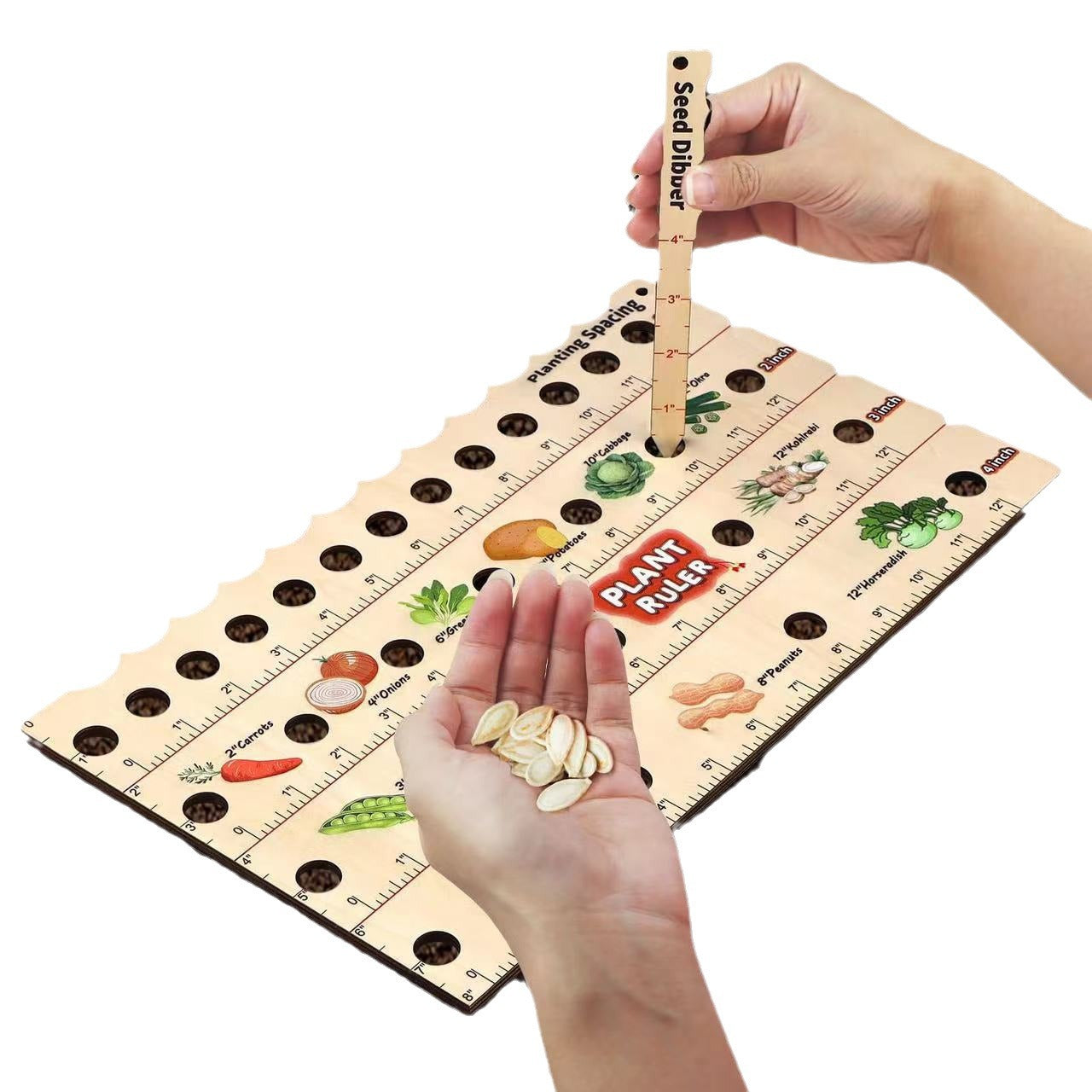 Wooden Garden Planting Ruler - Seed Spacing Guide with Plant Chart - 14"