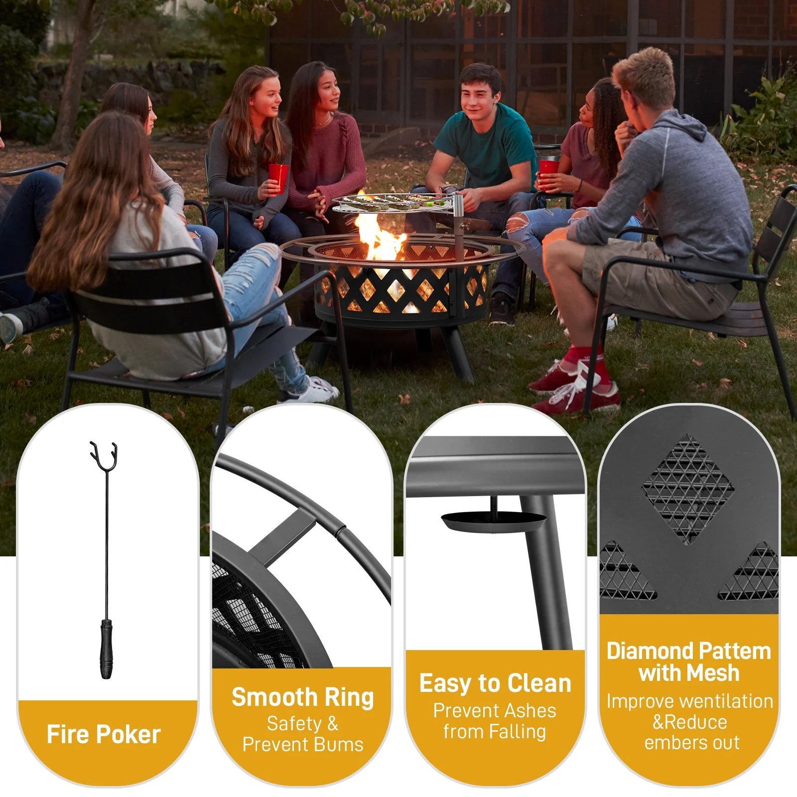 Fire Pit for outside 30 Inch Firepit Large Steel Firepit Bowl with Removable Cooking Swivel BBQ Grill for Backyard Patio