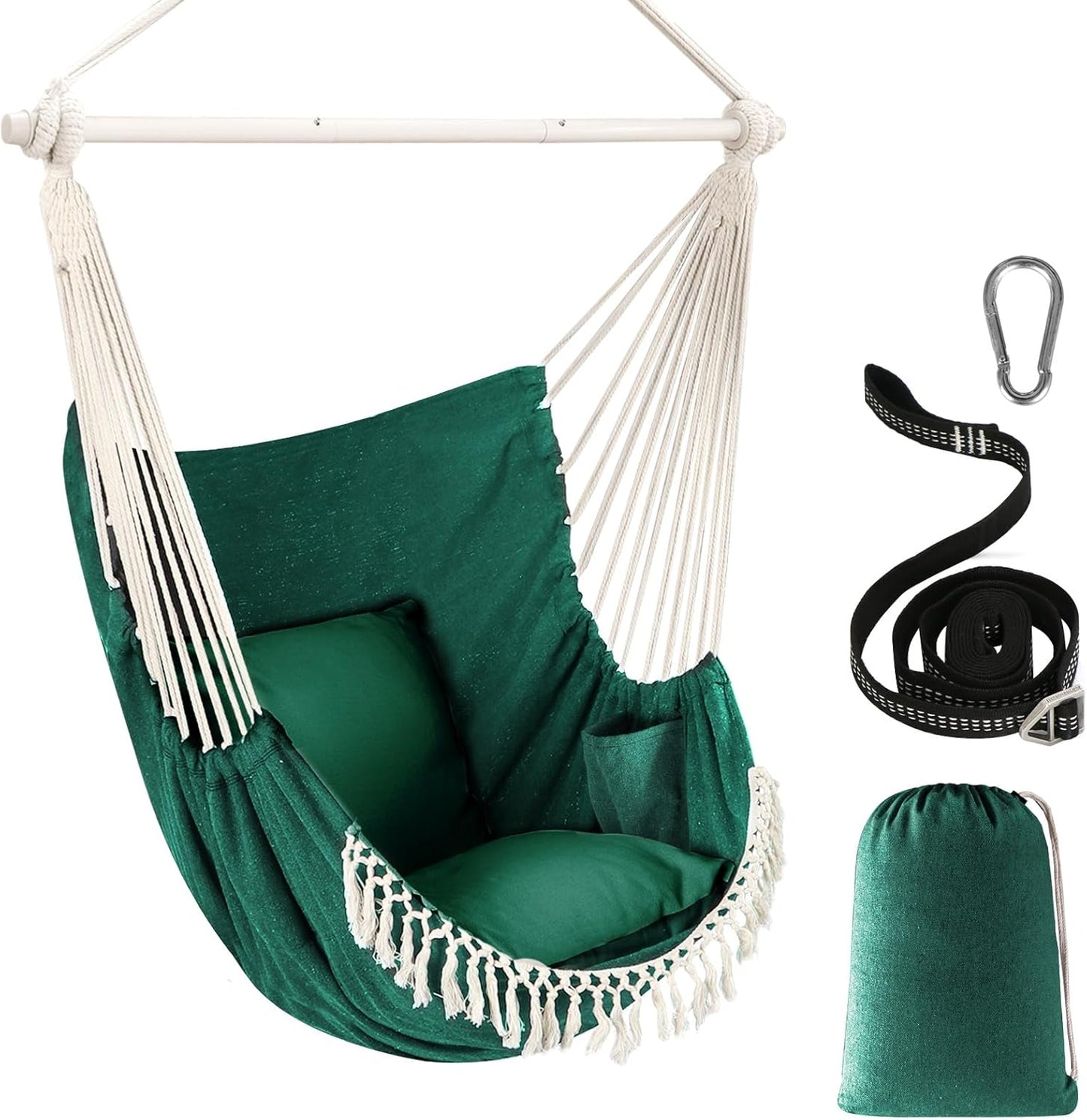 Hammock Chair Hanging Swing Max 500 Lbs 2 Cushions Included Metal Spreader Bar with Anti-Slip Grooves Portable Hanging Chair Side Pocket Large Macrame Bohemian Chair Indoor Outdoor
