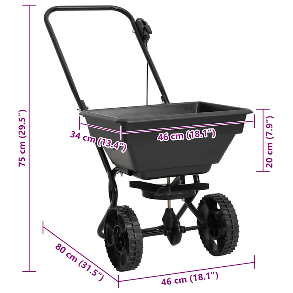 Black fertilizer spreader with dimensions indicated on a white background