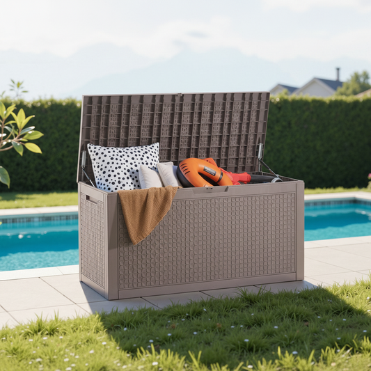 100-Gallon Outdoor Deck Box – Waterproof Resin, 660 lb Bench Capacity, Grey